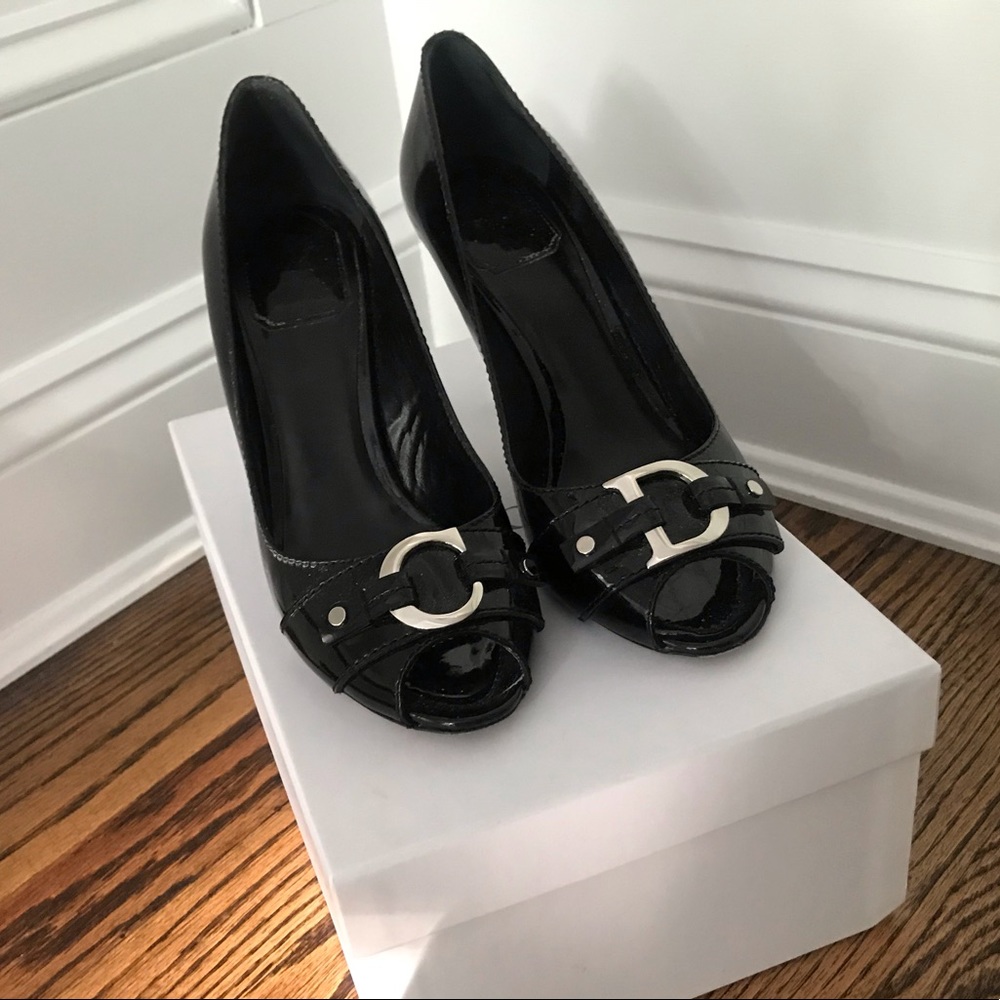 Dior black patent leather peep toe heels size 38.5